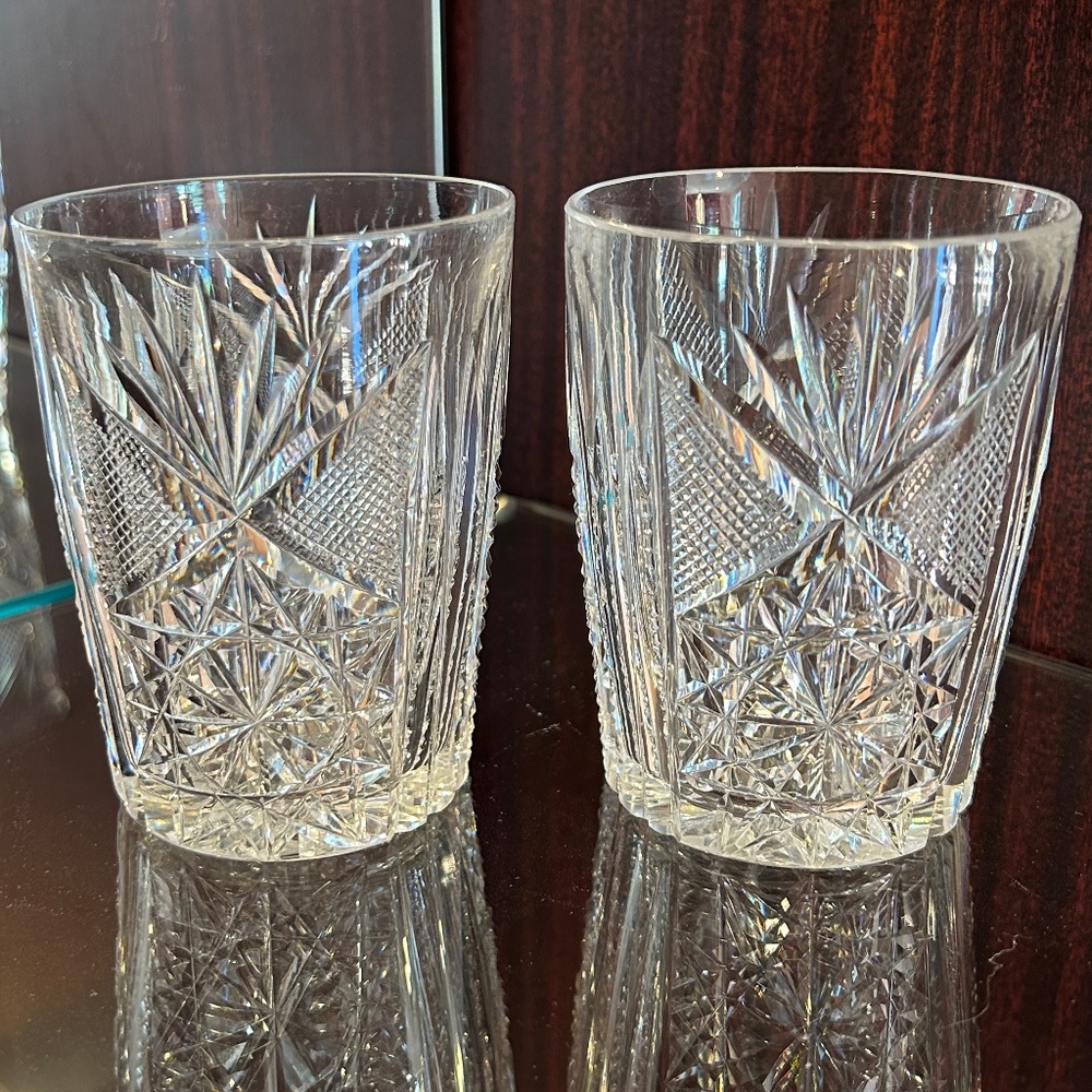 Set of 2 Cut and Etched Crystal Old Fashioned Glasses